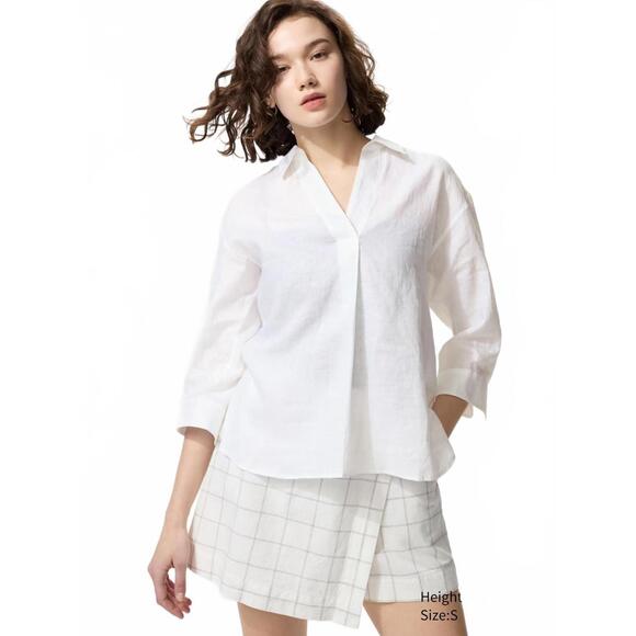 Uniqlo Premium Linen Skipper Collar Shirt White NWT Size Small - Picture 1 of 6